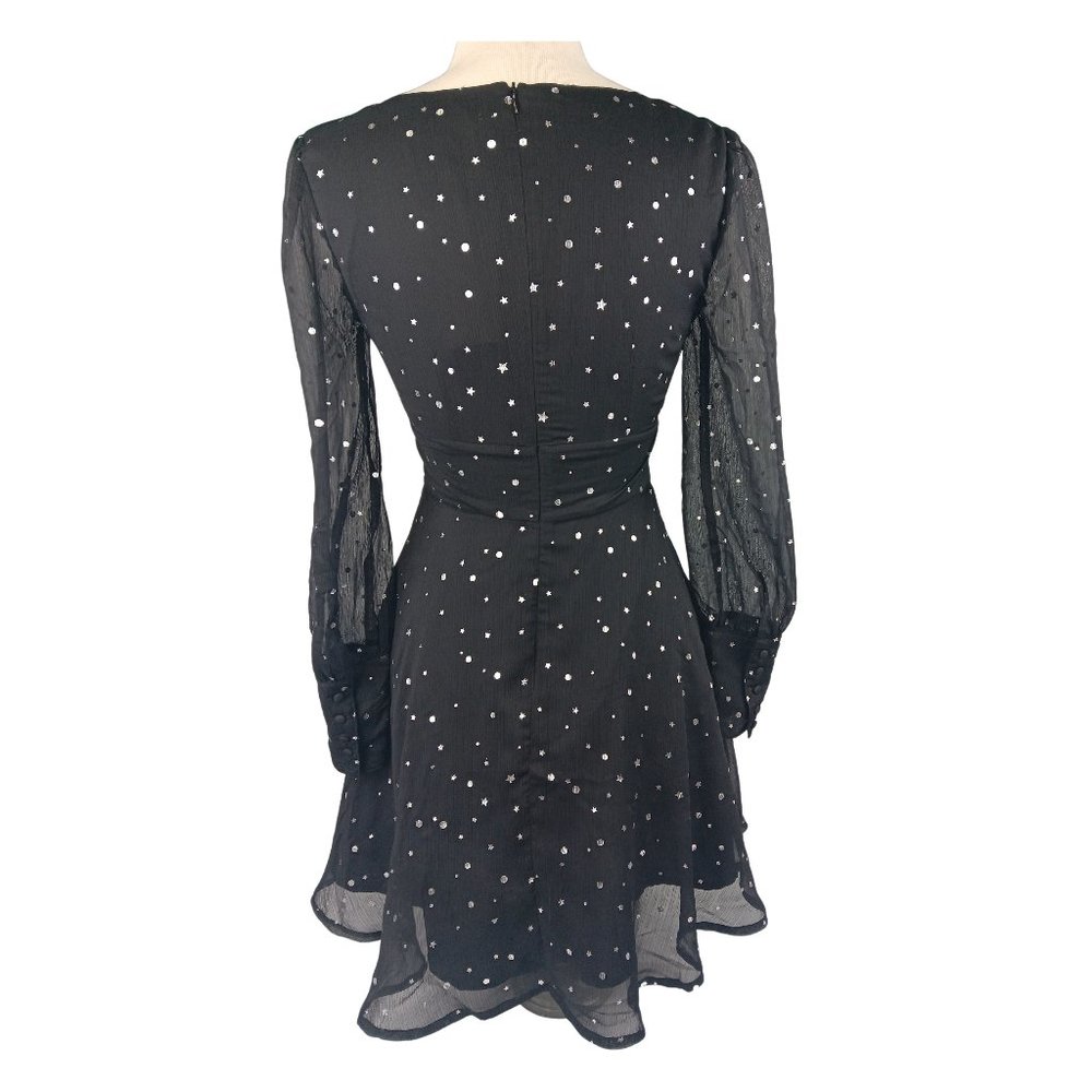 BB Dakota Dress Black Silver  Stars  SZ 0 Short Skater style Flare Long Sleeves - Picture 7 of 8